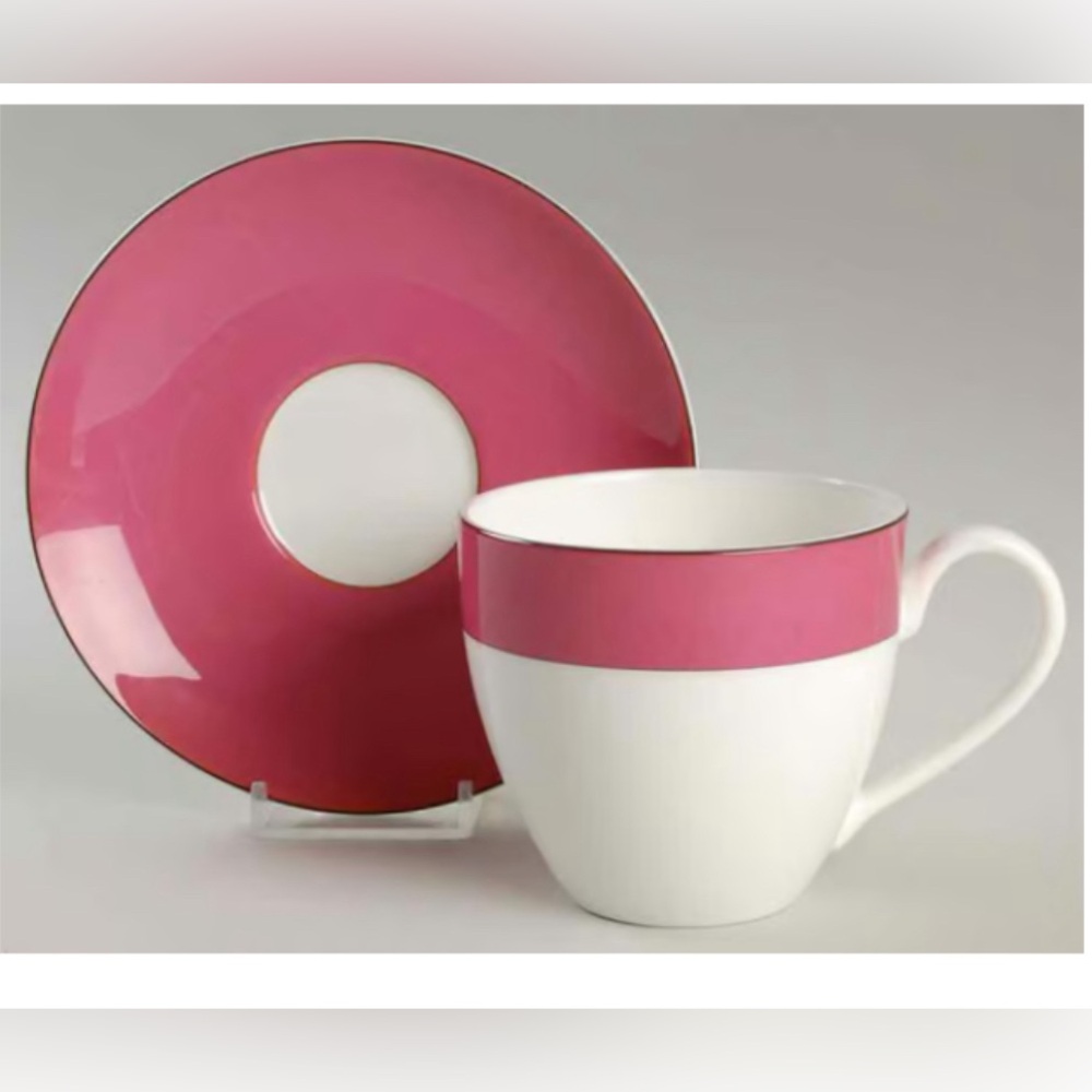 Kate Spade Lenox flat cup and saucer set Rutherford circle pink. Set of 8.